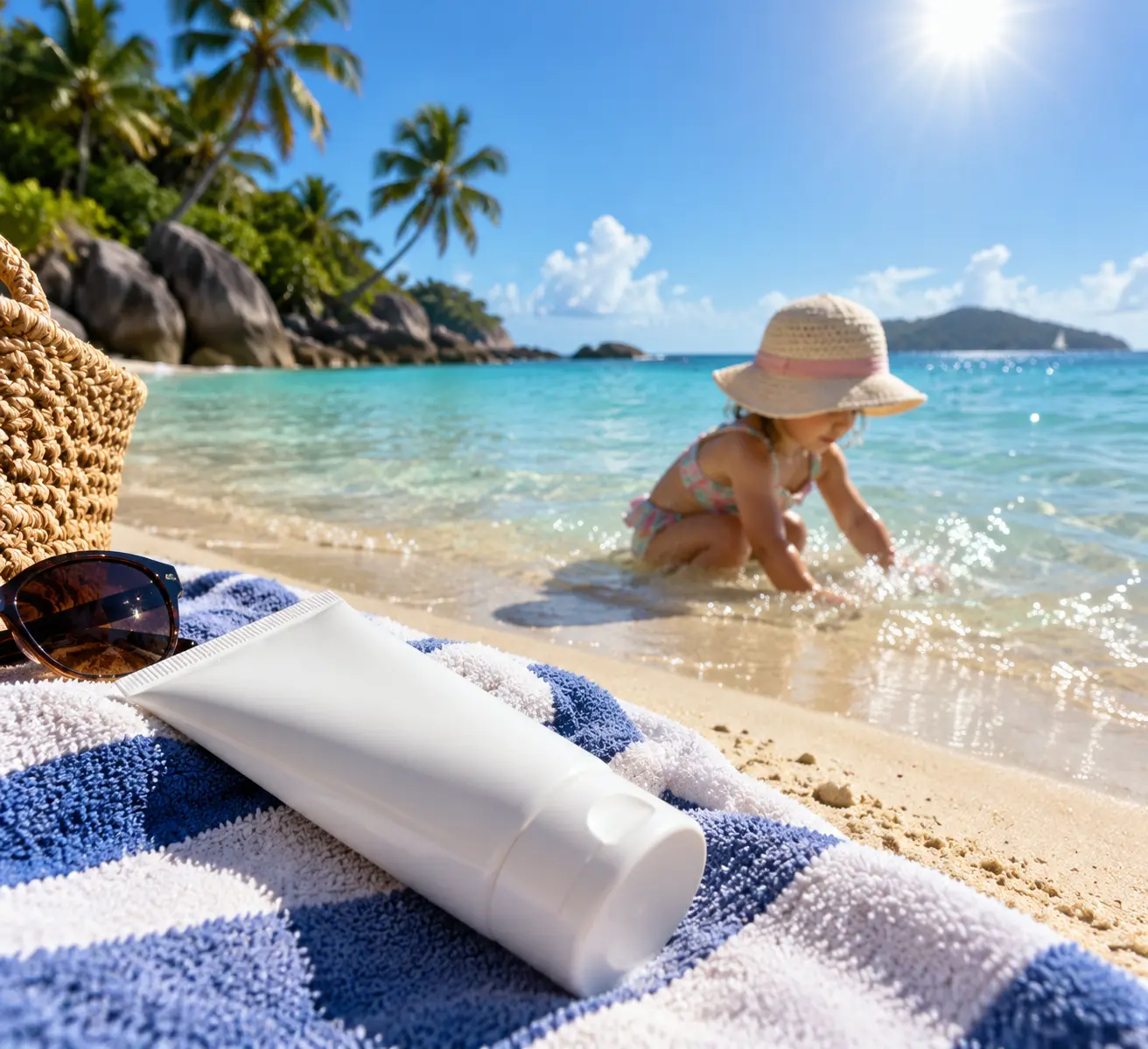 Ребёнок в панаме на пляже Пангана в полдень, рядом тюбик детского солнцезащитного крема SPF 50 и песочные часы для повторного нанесения.