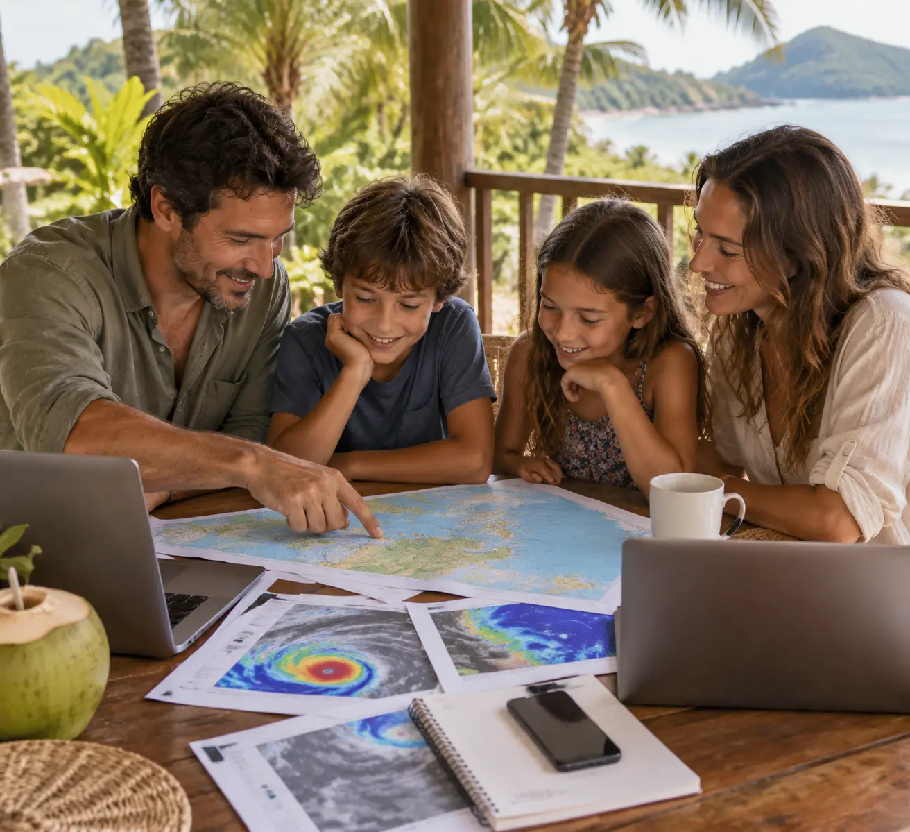 Семья с двумя детьми выбирает остров по карте перелётов на террасе отеля, рядом лежат распечатки с сезонностью Пхукета и Мальдив.