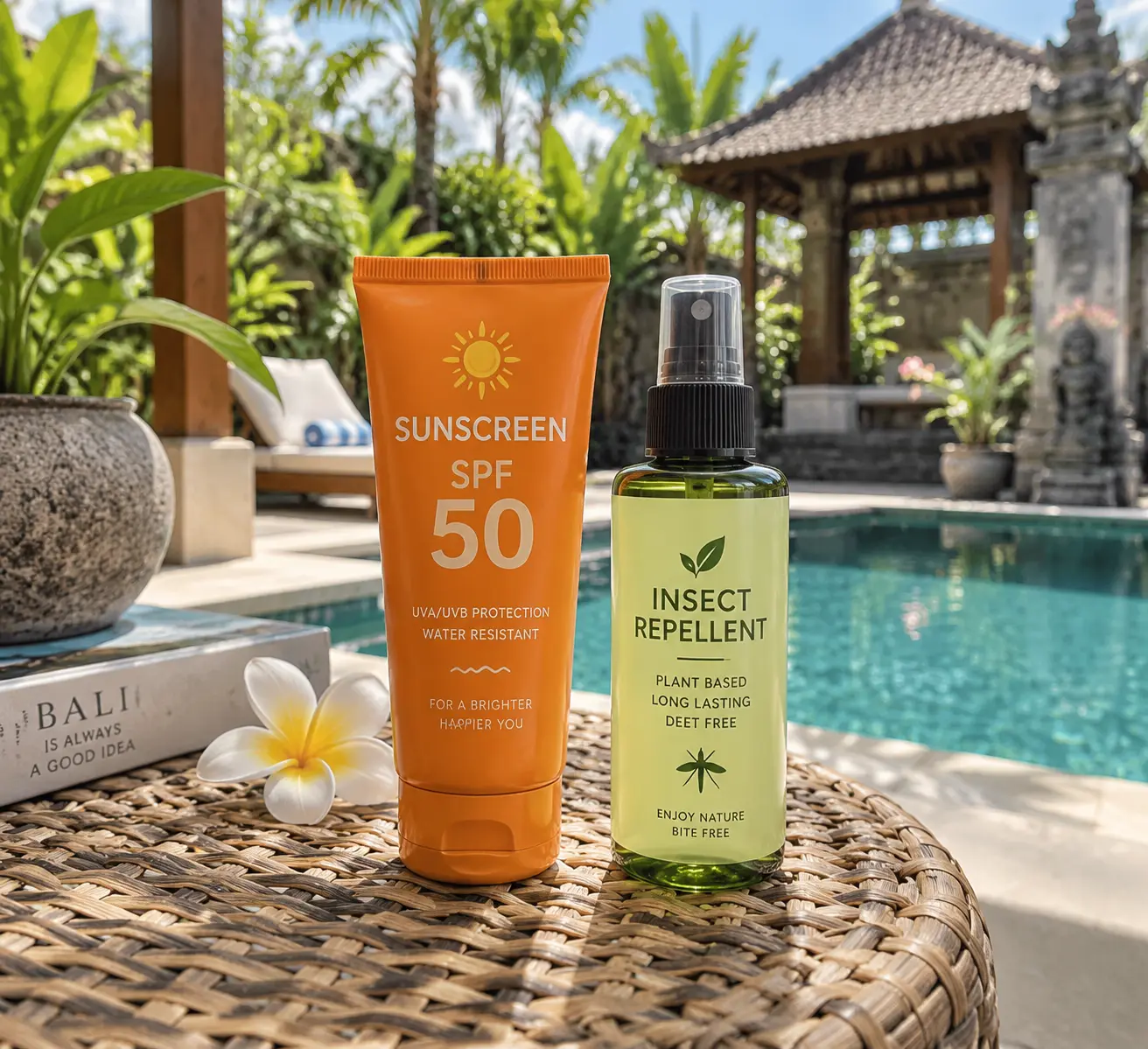 Флаконы солнцезащитного крема SPF 50 и репеллента стоят на плетёном столике на террасе балийской виллы у бассейна.