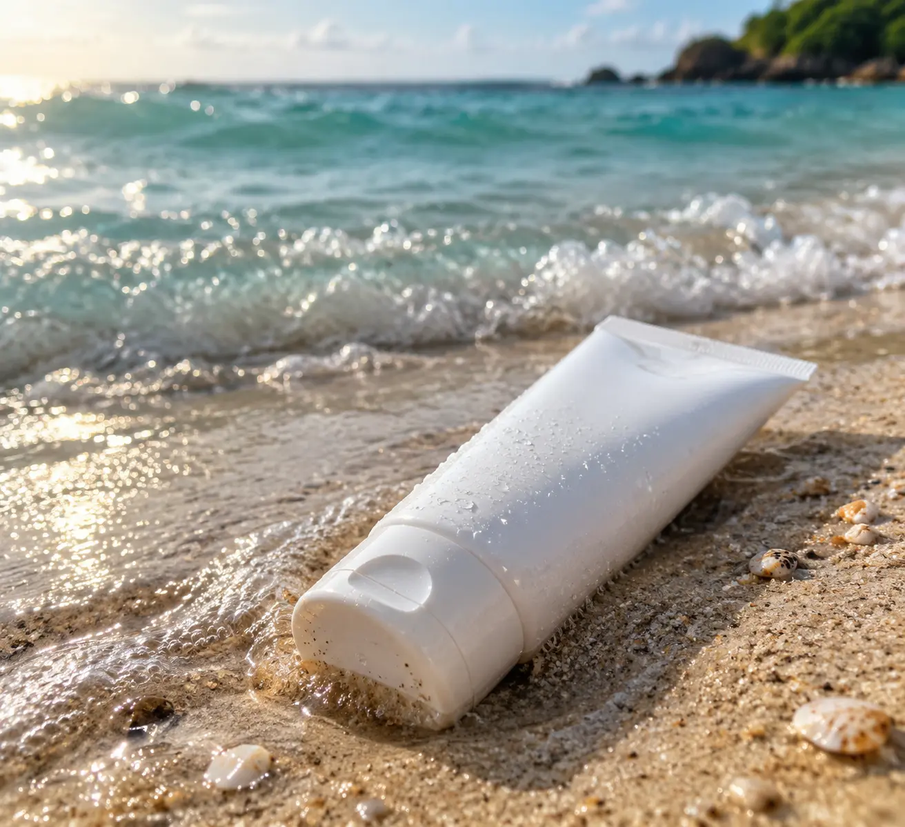 Тюбик солнцезащитного крема SPF 50 лежит на мокром песке рядом с обломком коралла и солнечными очками на тропическом пляже.