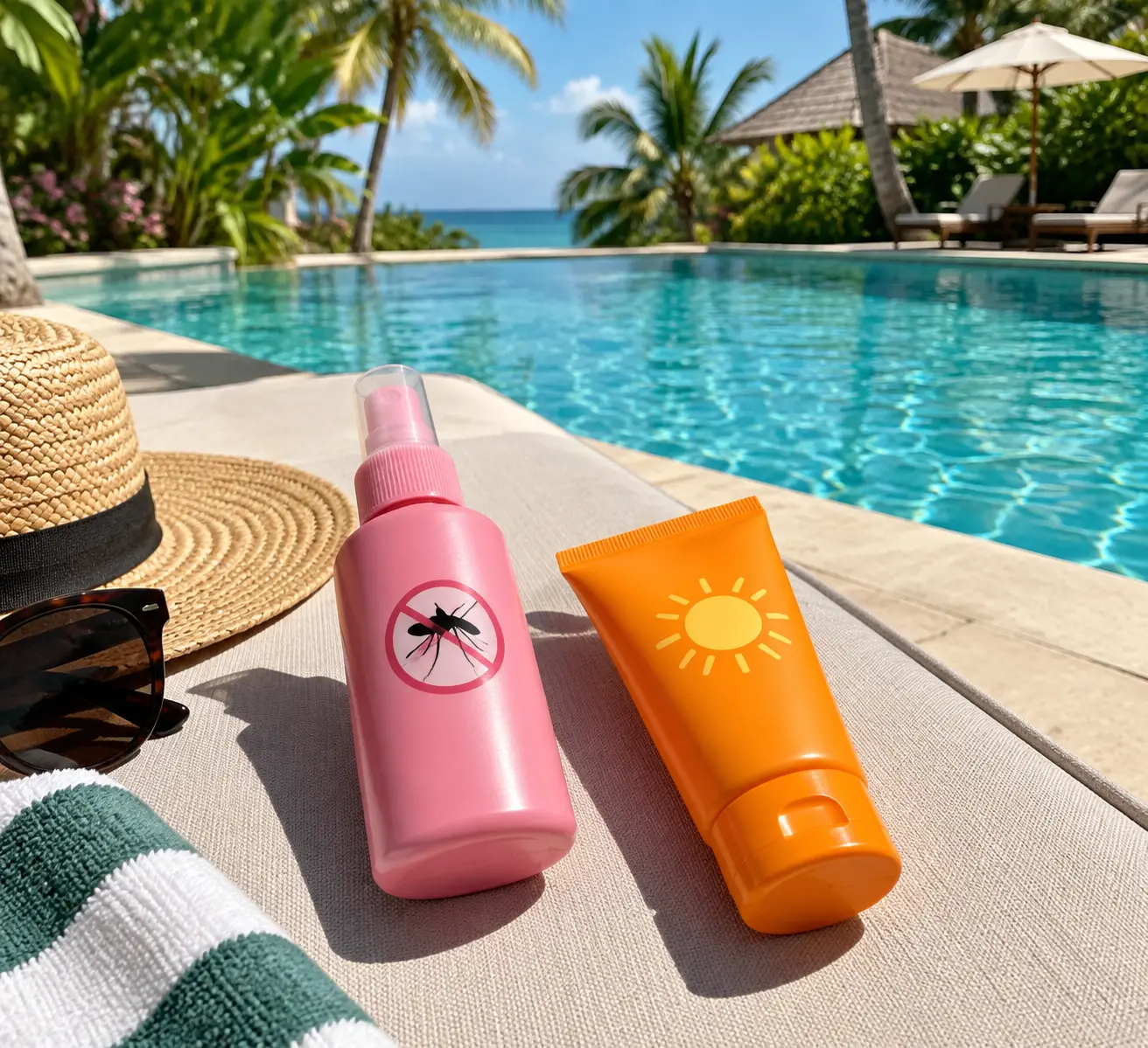 Розовая упаковка репеллента Soffell и бутылка солнцезащитного крема SPF 50 лежат на шезлонге у бассейна на Пхукете в солнечный полдень